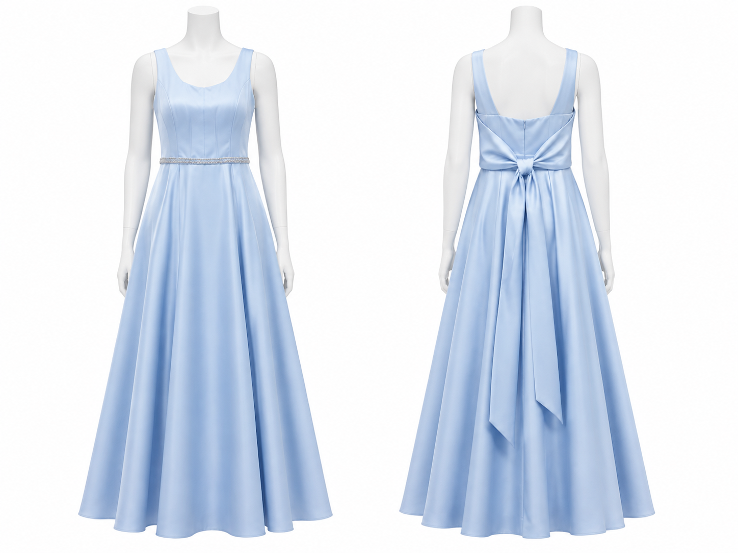 Robe de créateur bleu ciel satinée – dos noué