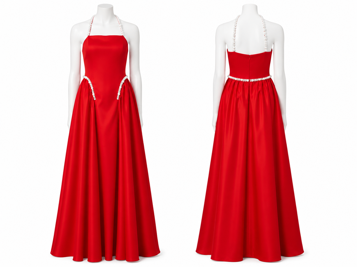 Robe rouge satinée à bretelles perlées
