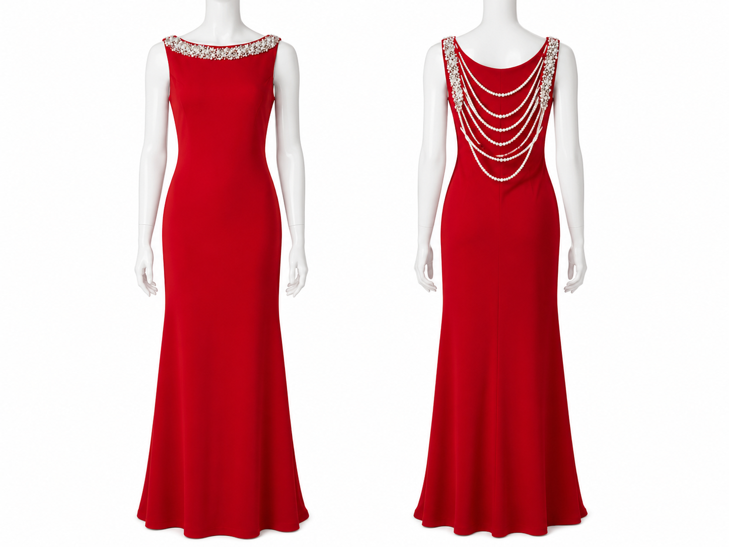Robe sirène rouge à col perlé et dos spectaculaire