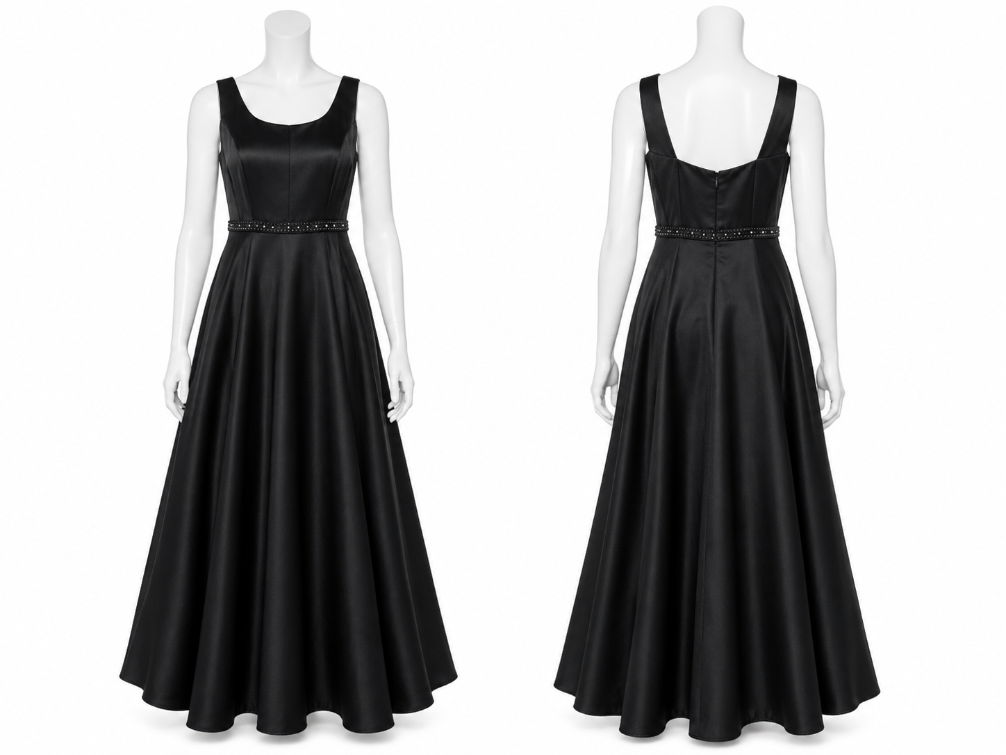 Robe longue noire satinée à taille bijou