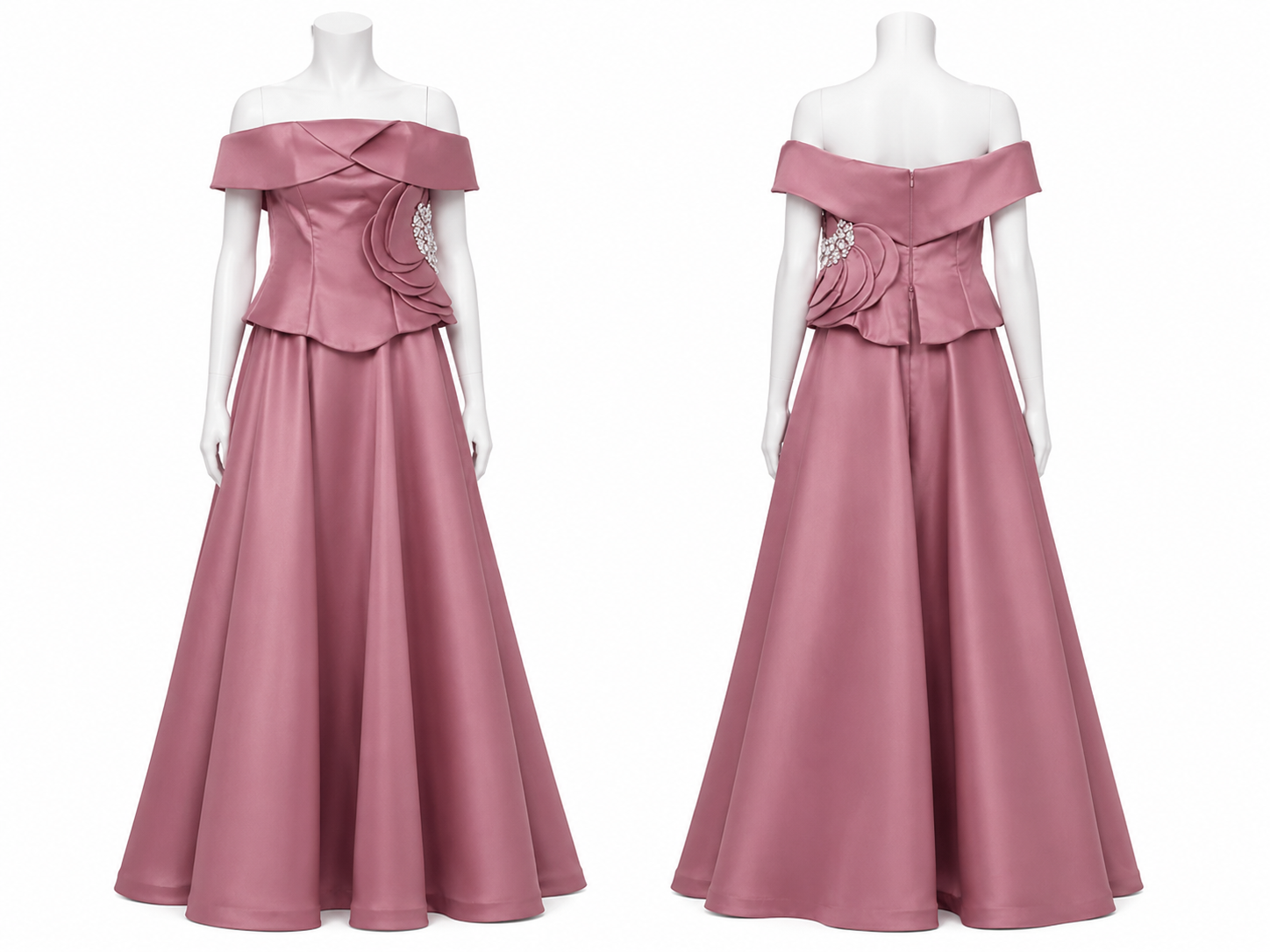 Ensemble-robe vieux rose poudré à col Bardot