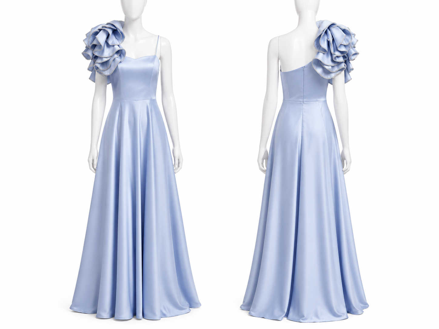 Robe bleu glacier asymétrique à grande fleur-volant