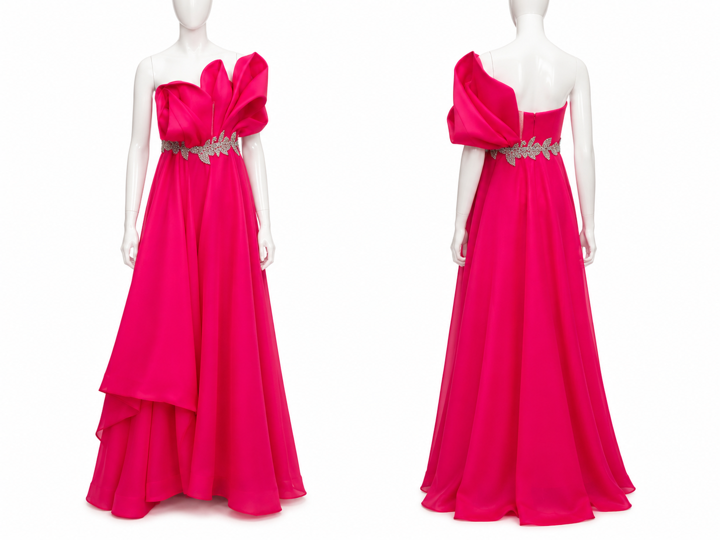 Robe fuchsia couture à bustier sculptural